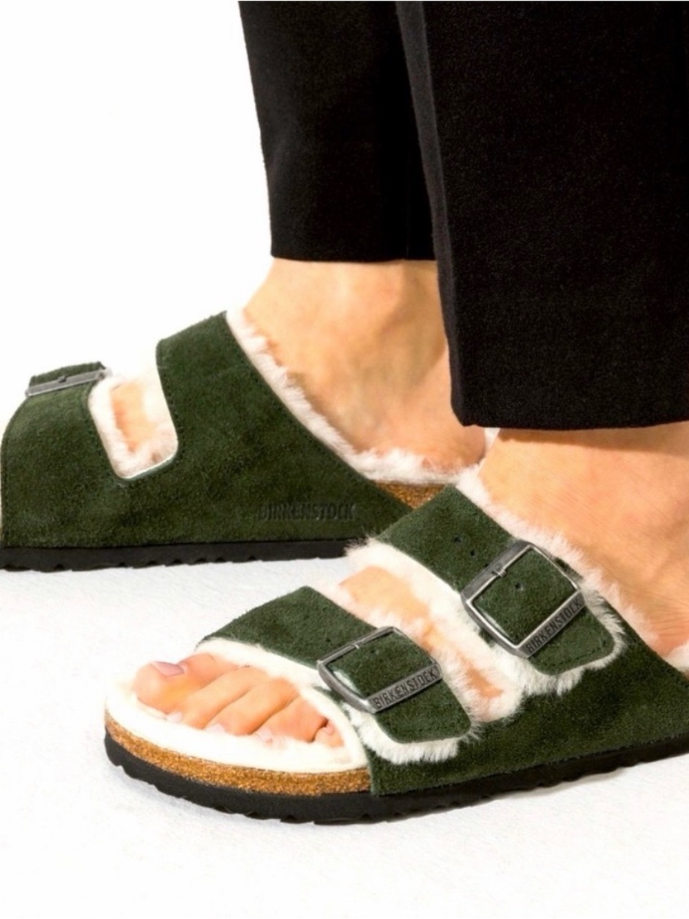 Birkenstock Arizona Shearling Slides - Mountain View Green Green and White